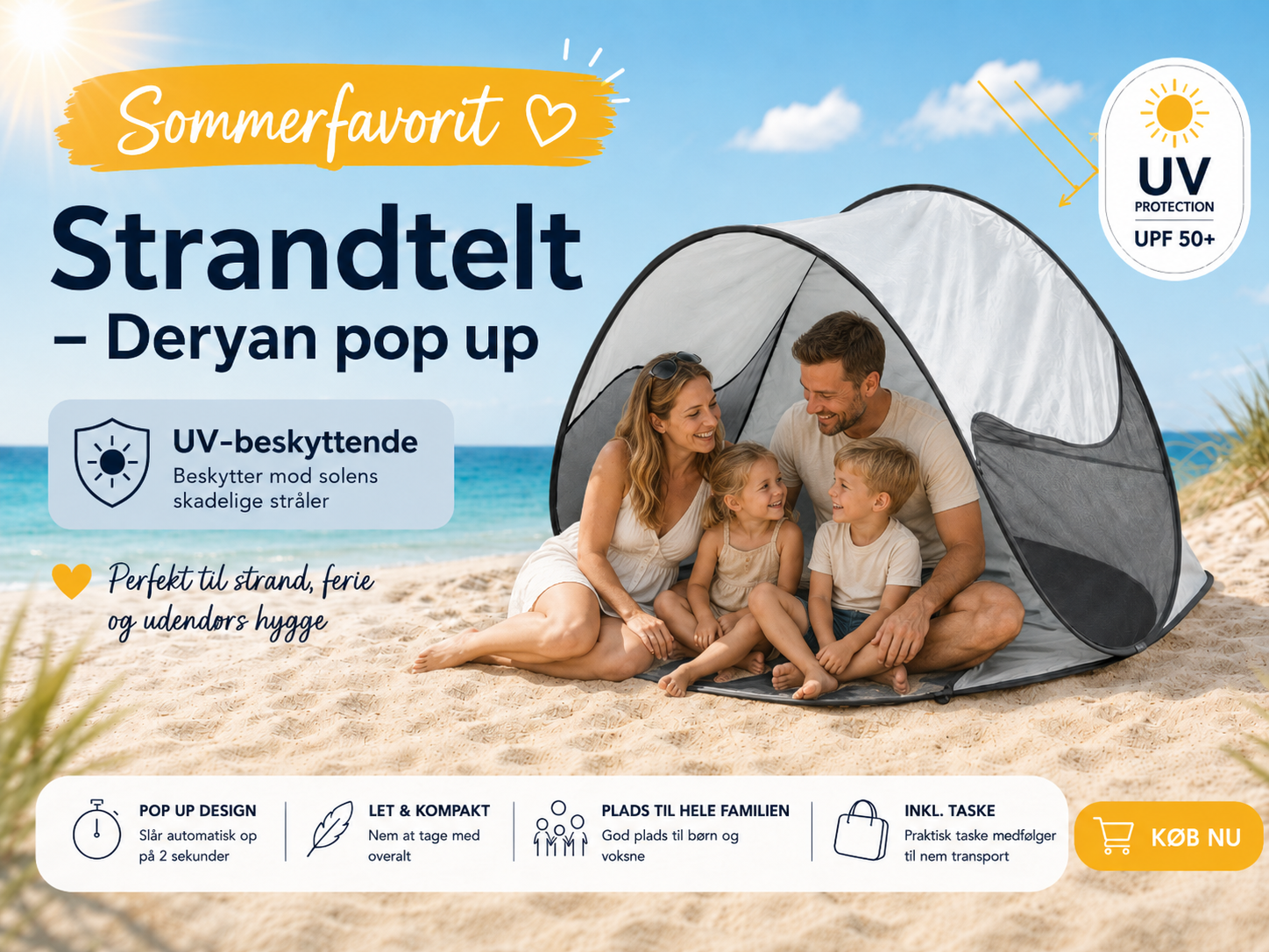 Deryan pop up strandtelt i sølv med UV-beskyttelse, hvor en familie sidder i skyggen på stranden en solrig sommerdag.