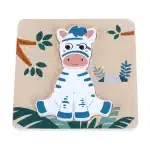 Træpuslespil med sød zebra i hvide og blå farver, 4 store brikker, på træplade med junglemotiv fra Kinder and Kids.