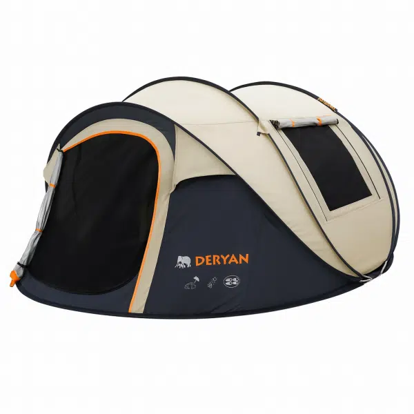 Deryan Pop-Up Telt – Beige – 4 Personer Deryan pop-up luksustelt i beige – 4-personers telt med 5000 mm vandsøjle, hurtigt at opsætte, ideelt til camping og festival.