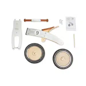 Pinolino Nico løbecykel i sølv/natur vist som samlesæt med hjul, styr, sadel og dele.