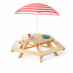 Pinolino Nicki 6-kantet børne picnicbord i massivt træ med bænke og parasol til haven