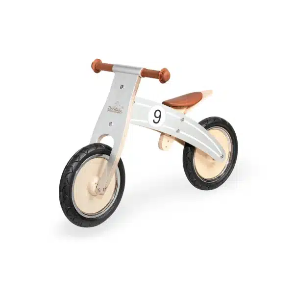 Pinolino Nico løbecykel i sølv/natur med brune håndtag, sæde og punkterfrie EVA-dæk.