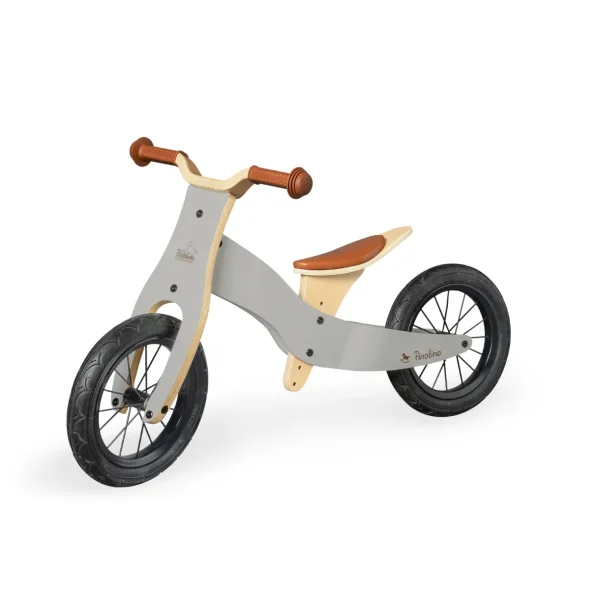 Pinolino Oskar løbecykel til børn i grå og natur med justerbar saddel og sorte hjul.