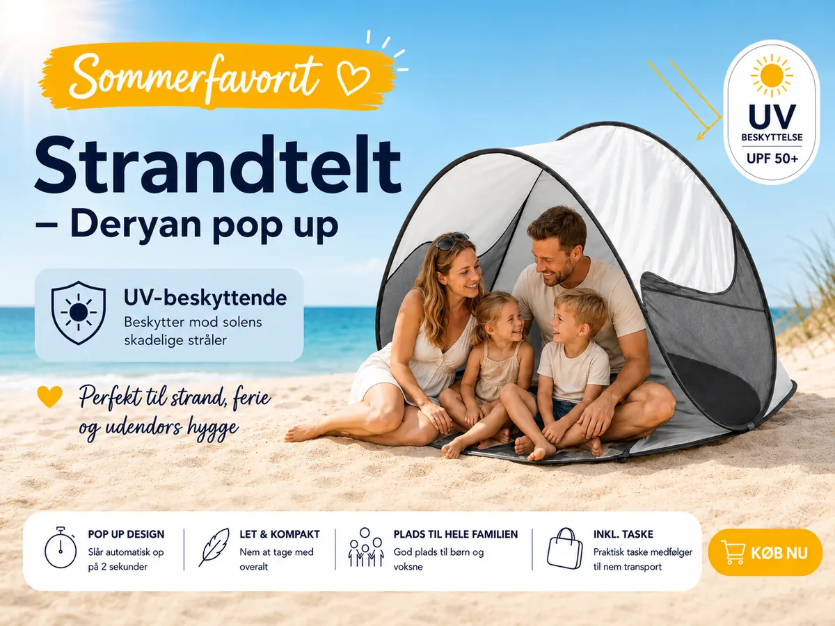 Deryan pop up strandtelt med UV-beskyttelse Deryan pop up strandtelt til børn og familie med UV-beskyttelse UPF 50+ på stranden