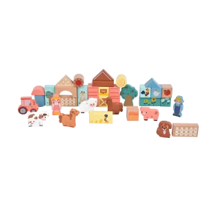 Bondegård med farverige træklodser, dyr og figurer fra Kinder and Kids