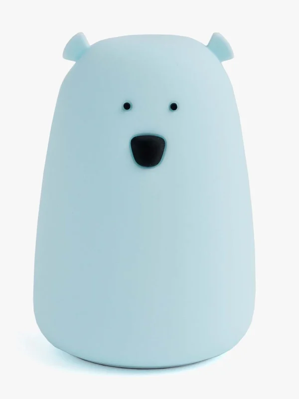 Rabbit & Friends Store Bjørn natlampe – blå, 16 cm Blå Rabbit & Friends Store Bjørn natlampe i silikone set forfra på hvid baggrund.