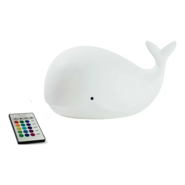 Rabbit & Friends hval natlampe i hvid silikone med fjernbetjening