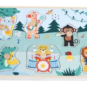 Knoppuslespil med musik og dyr fra Kinder and Kids med seks dyrebrikker