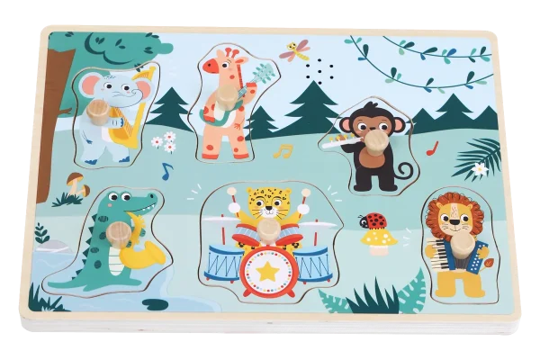 Knoppuslespil med musik og dyr fra Kinder and Kids med seks dyrebrikker