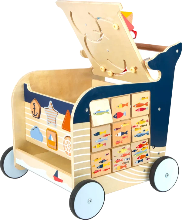 small foot Hval gåvogn med havtema, åbent låg og fisketæller