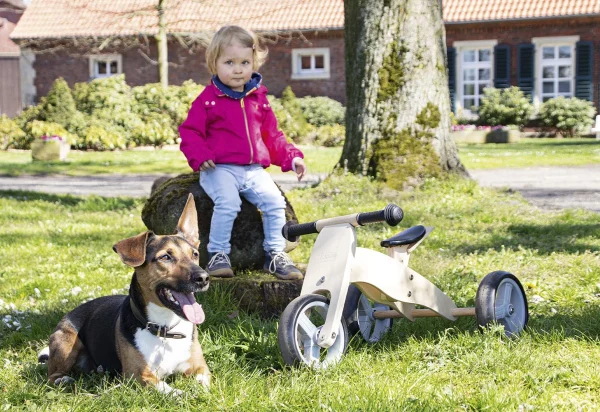 Pinolino Charlie løbecykel i naturtræ med tre hjul i haven ved et barn og en hund