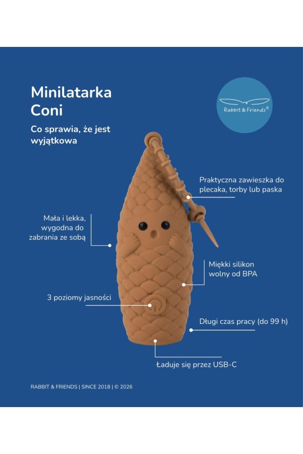 Rabbit & Friends mini lommelygte CONI på blå baggrund med polske oplysninger om funktionerne