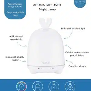 Hvid diffuser med kaninører – engelsk funktionsoversigt for en diffuser til æteriske olier med lys