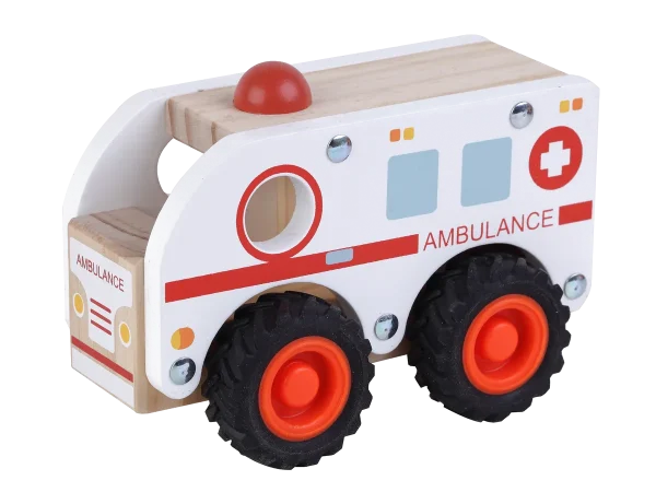 Kinder and Kids ambulance i træ med gummidæk – produktbillede 1 Ambulance i træ med gummidæk fra Kinder and Kids til redningsleg