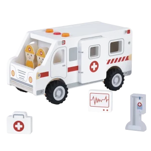 Ambulance med lyd i træ fra Kinder and Kids med redningspersonale og udstyr