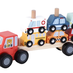 Biltransporter i træ med seks biler fra Kinder and Kids med fastgjorte køretøjer