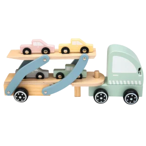 Biltransporter i træ med fire biler fra Kinder and Kids med riller i ladet