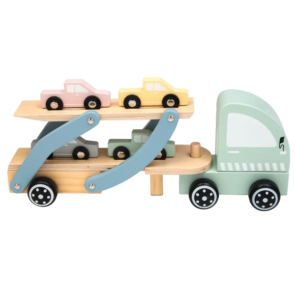 Biltransporter i træ med fire biler fra Kinder and Kids med riller i ladet