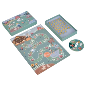 Brætspil med kylling og drejepil fra Kinder and Kids – spillepladen og æsken set skråt forfra