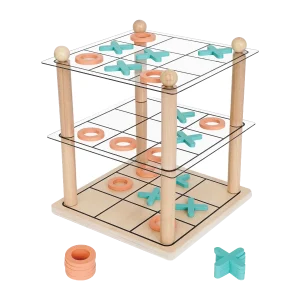 Kryds og bolle i 3D fra Kinder and Kids – tre spillelag med turkise krydser og orange ringe