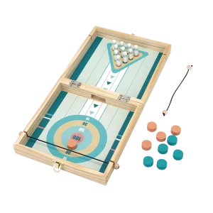 Spillekasse med ishockey og bowling fra Kinder and Kids – bowlingkegler opstillet på banen med løse skiver ved siden af
