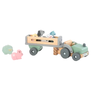 Traktor i træ med anhænger fra Kinder and Kids med seks bondegårdsdyr