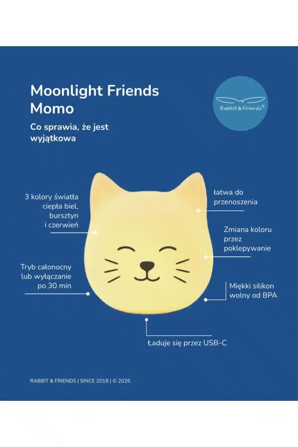 Katten Momo fritstående natlampe – polsk oversigt over lysfarver, klapbetjening, USB-C og timer