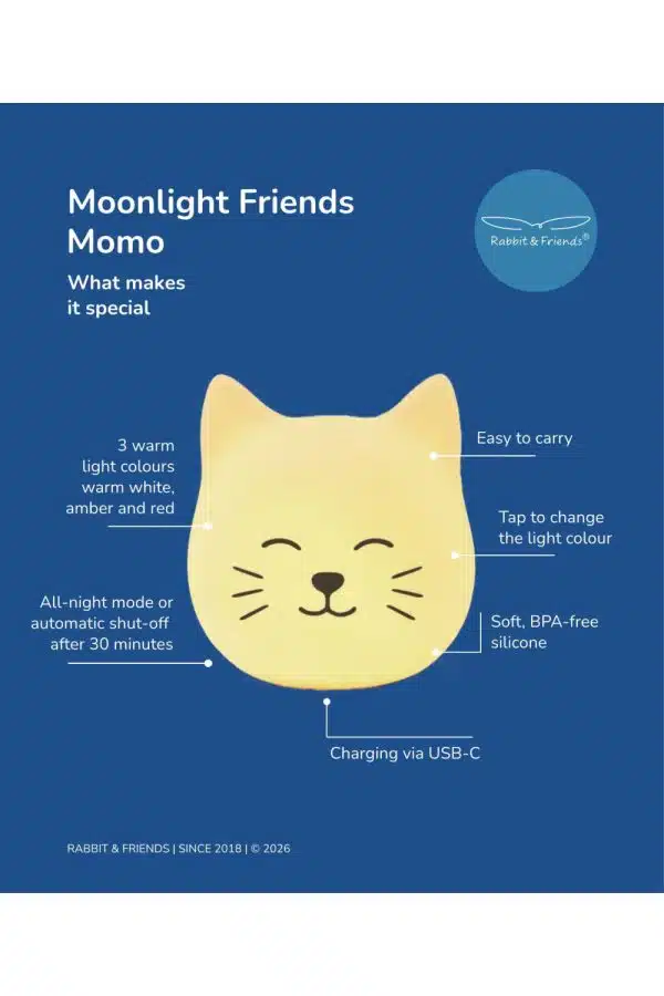 Katten Momo fritstående natlampe – engelsk funktionsoversigt for en genopladelig natlampe til børn