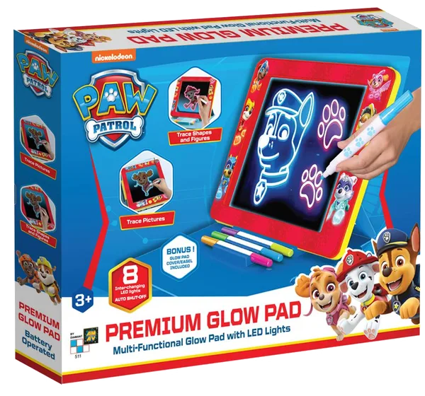 Paw Patrol Premium Glow Pad i blå emballage med rød lysende tegnetavle