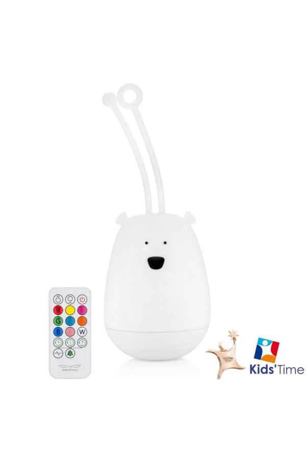 Hvid bjørn natlampe med ophæng og fjernbetjening fra Rabbit & Friends med Kids’ Time-prismærke.