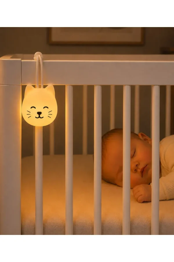 Rabbit & Friends natlampe med ophæng ved en babyseng