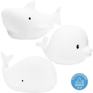 Hvide Mini Ocean minilamper fra Rabbit & Friends – haj, delfin og hval med IP67-mærke