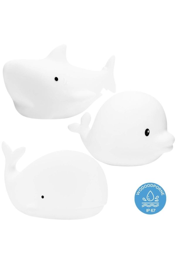 Hvide Mini Ocean minilamper fra Rabbit & Friends – haj, delfin og hval med IP67-mærke