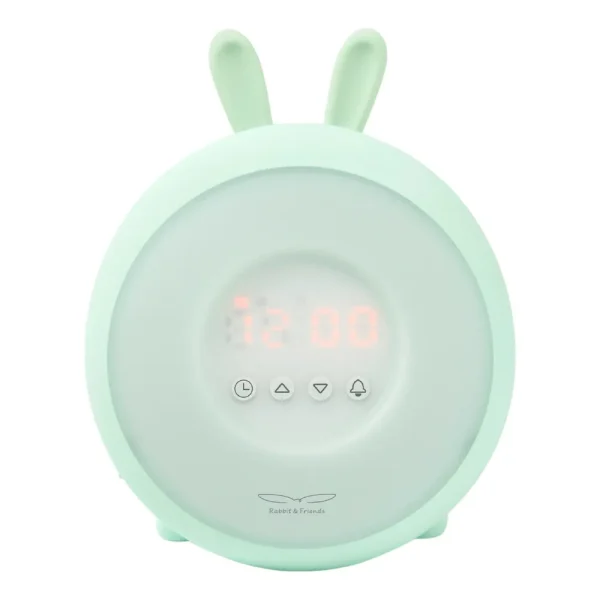Rabbit & Friends Wake Up lampe i lysegrøn med kaninører og digitalt vækkeur set forfra
